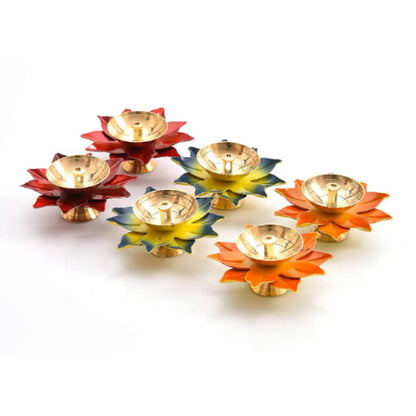 Beautifull Flower Puja Kamal Patti Brass Diya Oil Lamp Set of 6 pc