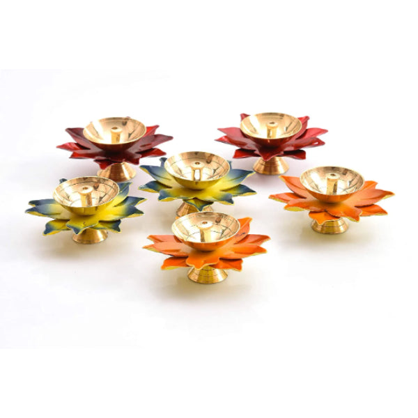 Beautifull Flower Puja Kamal Patti Brass Diya Oil Lamp Set of 6 pc