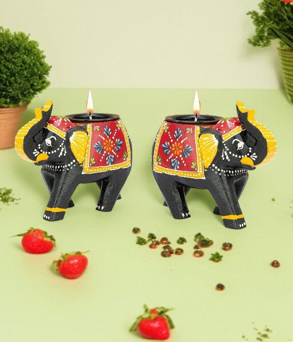 Wooden Elephant Tea Light Candle Holder Decor set of 2 pc