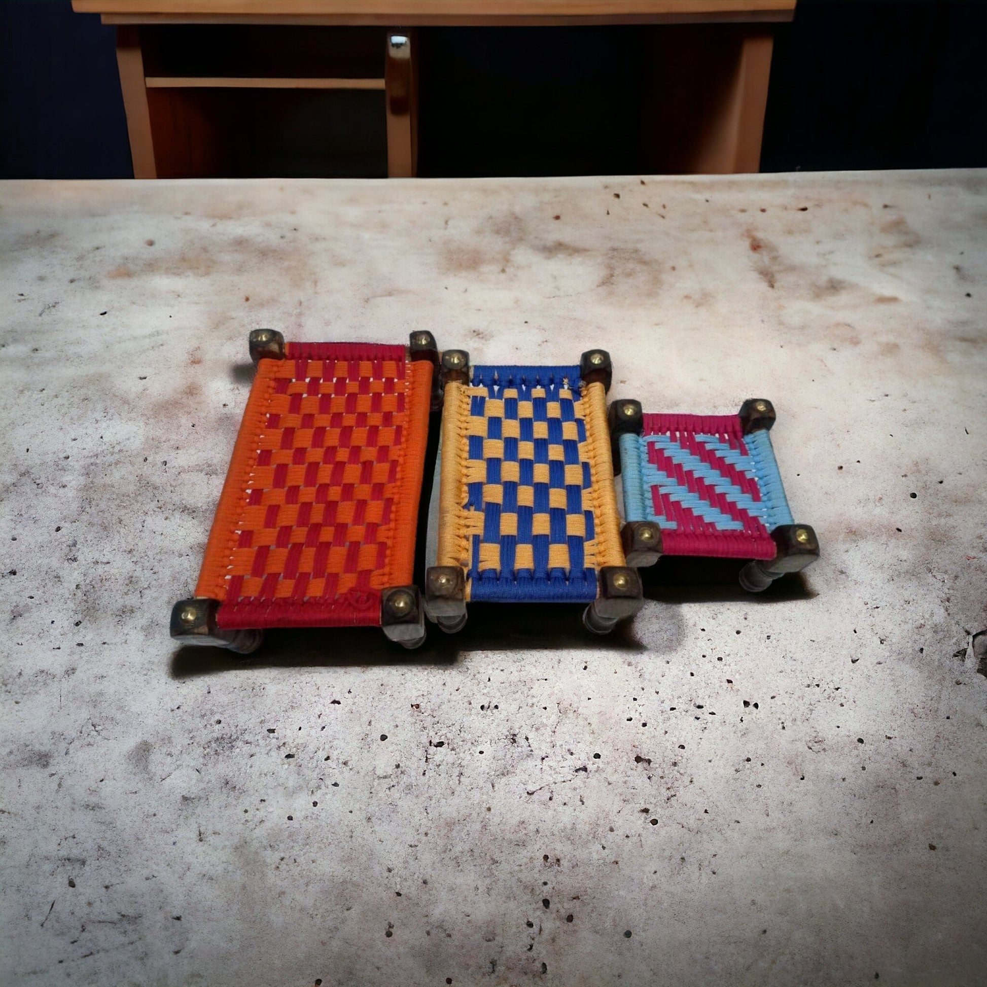 Miniature Wooden Charpai with Jute Weave set of three