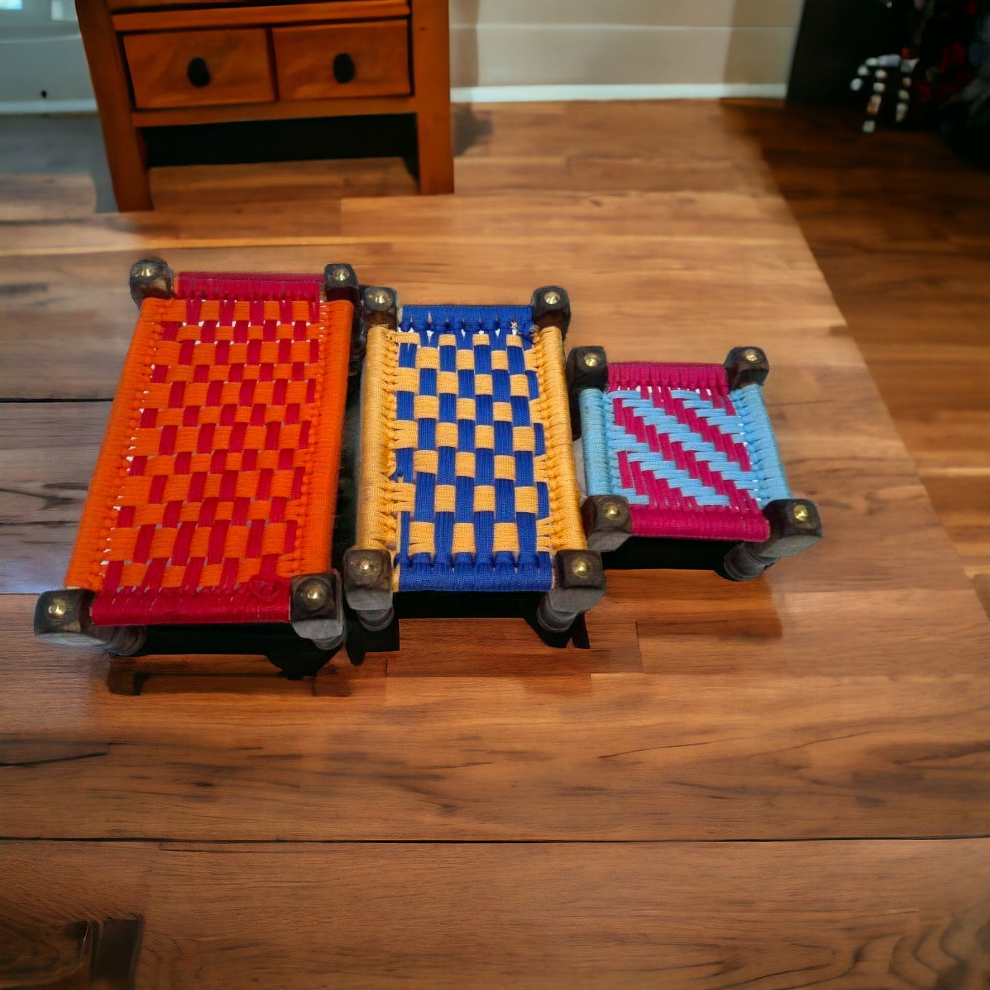 Miniature Wooden Charpai with Jute Weave set of three