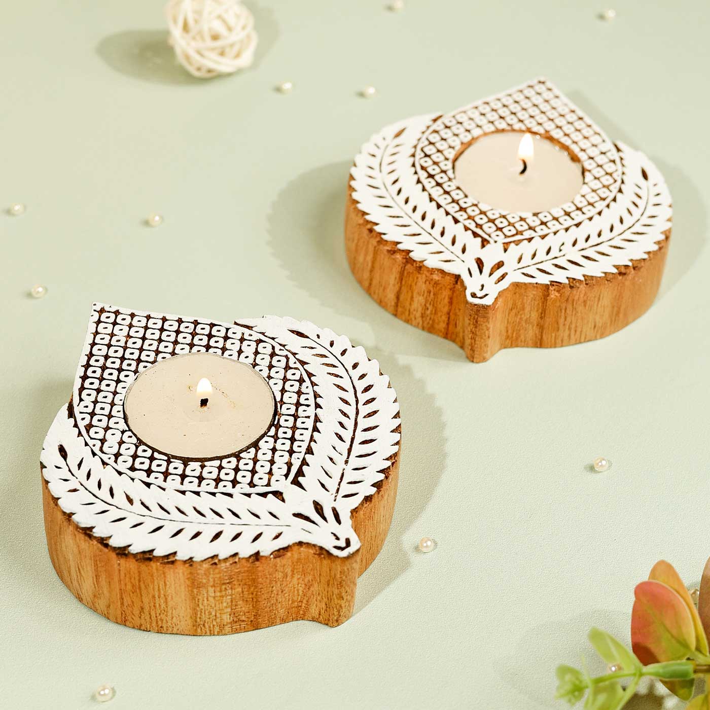 Wooden Hand block Leaf Shaped Diya pair