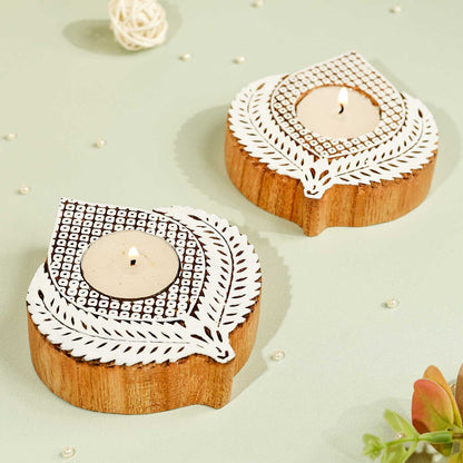 Wooden Hand block Leaf Shaped Diya pair