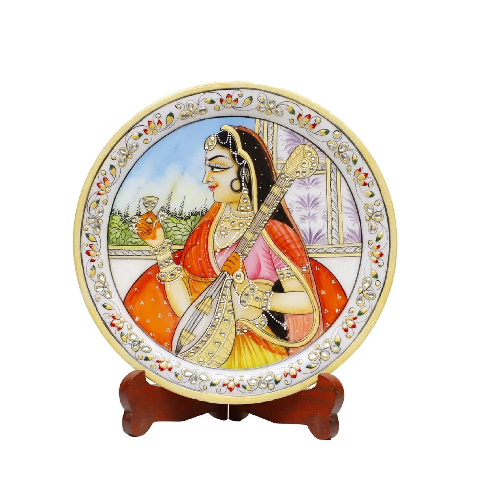 Marbel Round Meera Plate With Wood Stand