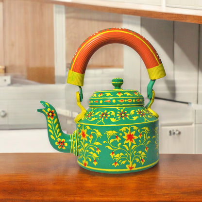 Hand Painted Aluminum tea Kettle green with glass