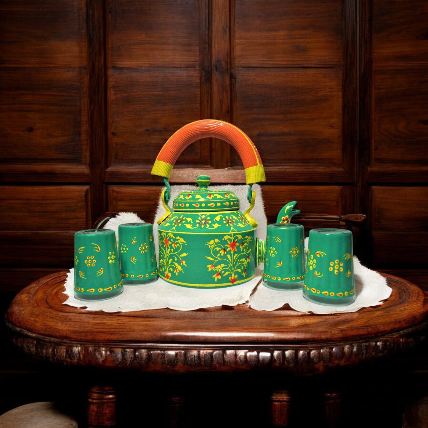 Hand Painted Aluminum tea Kettle green with glass