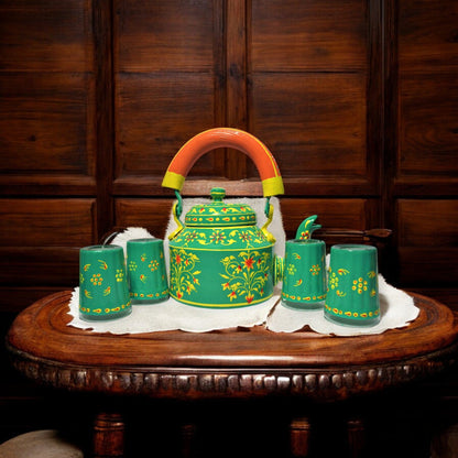 Hand Painted Aluminum tea Kettle green with glass
