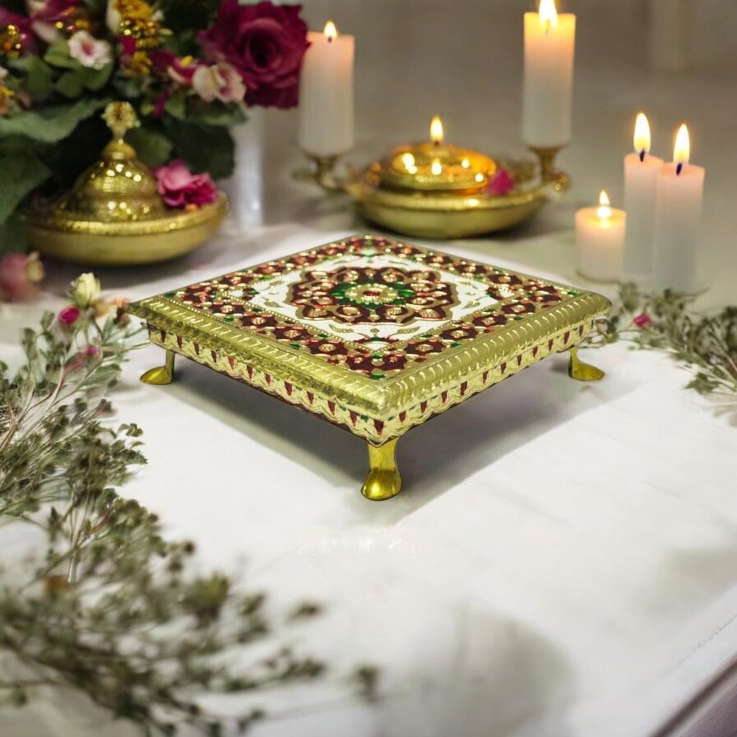 Aluminium Meenkari Metal Leg Bajoth 8 inch chauki