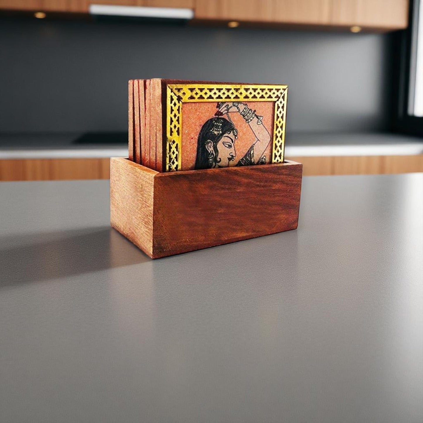 Wooden Coaster Bride Woman Painting Plates Set Of 6