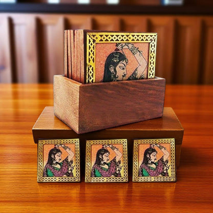 Wooden Coaster Bride Woman Painting Plates Set Of 6