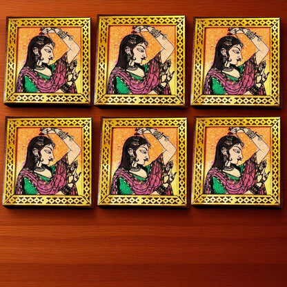 Wooden Coaster Bride Woman Painting Plates Set Of 6
