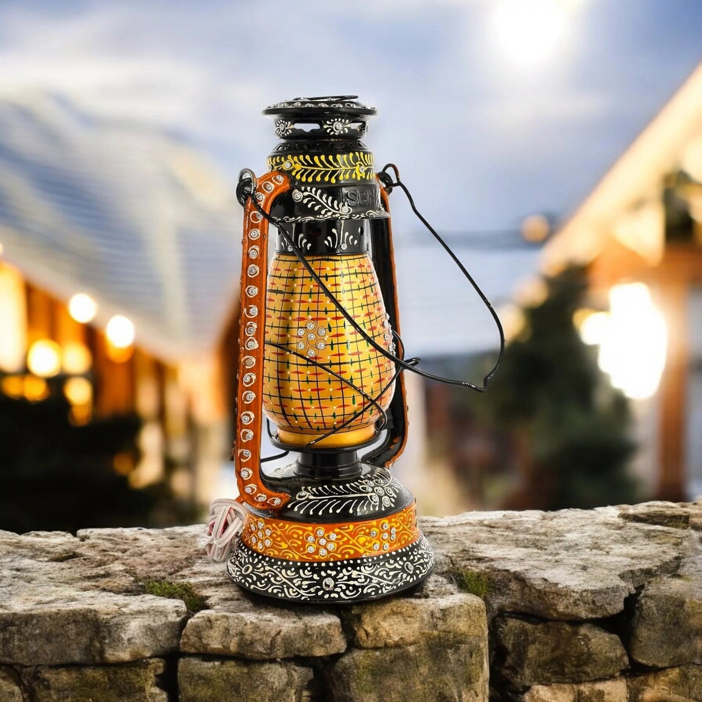 Beautiful Traditional Painting Hanging Lalten/lantern With Electronic Holder-Gold
