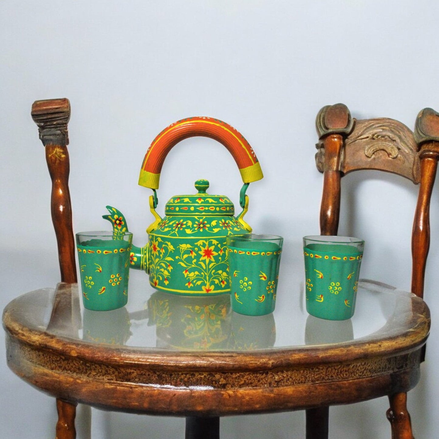 Hand Painted Aluminium Kettle Jute Stand 6 Glass Set - Green