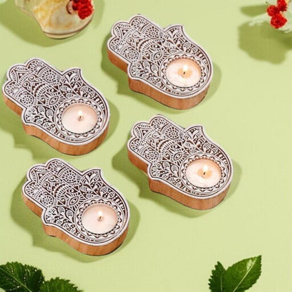 Wooden Hand block Hand Shape Diya pair