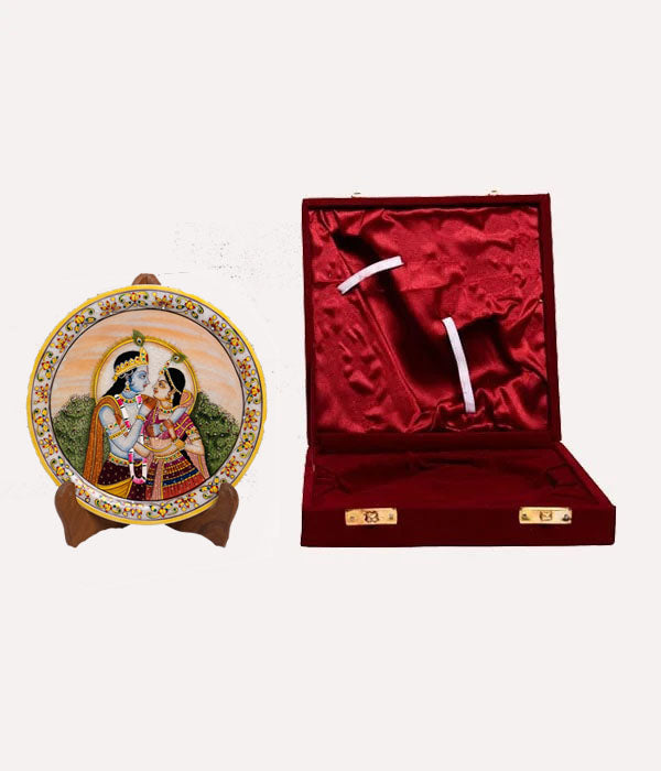 Marbel Round Radha Krishan Plate With Wood Stand
