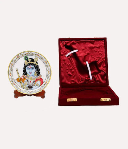 Marbel Round Krishan Plate With Wood Stand