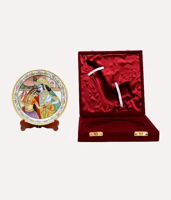 Marbel Round Radha Krishan Plate With Wood Stand