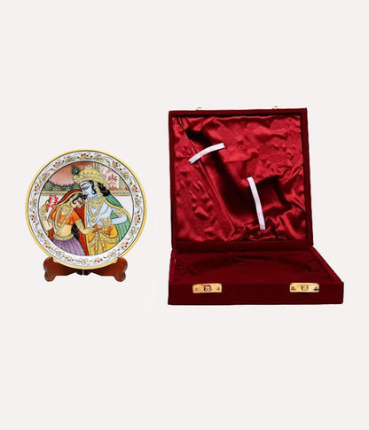 Marbel Round Radha Krishan Plate With Wood Stand