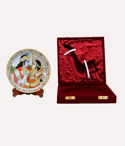 Marbel Round Radha Krishan Plate With Wood Stand