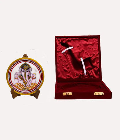 Marbel Round Ganesh Plate With Wood Stand