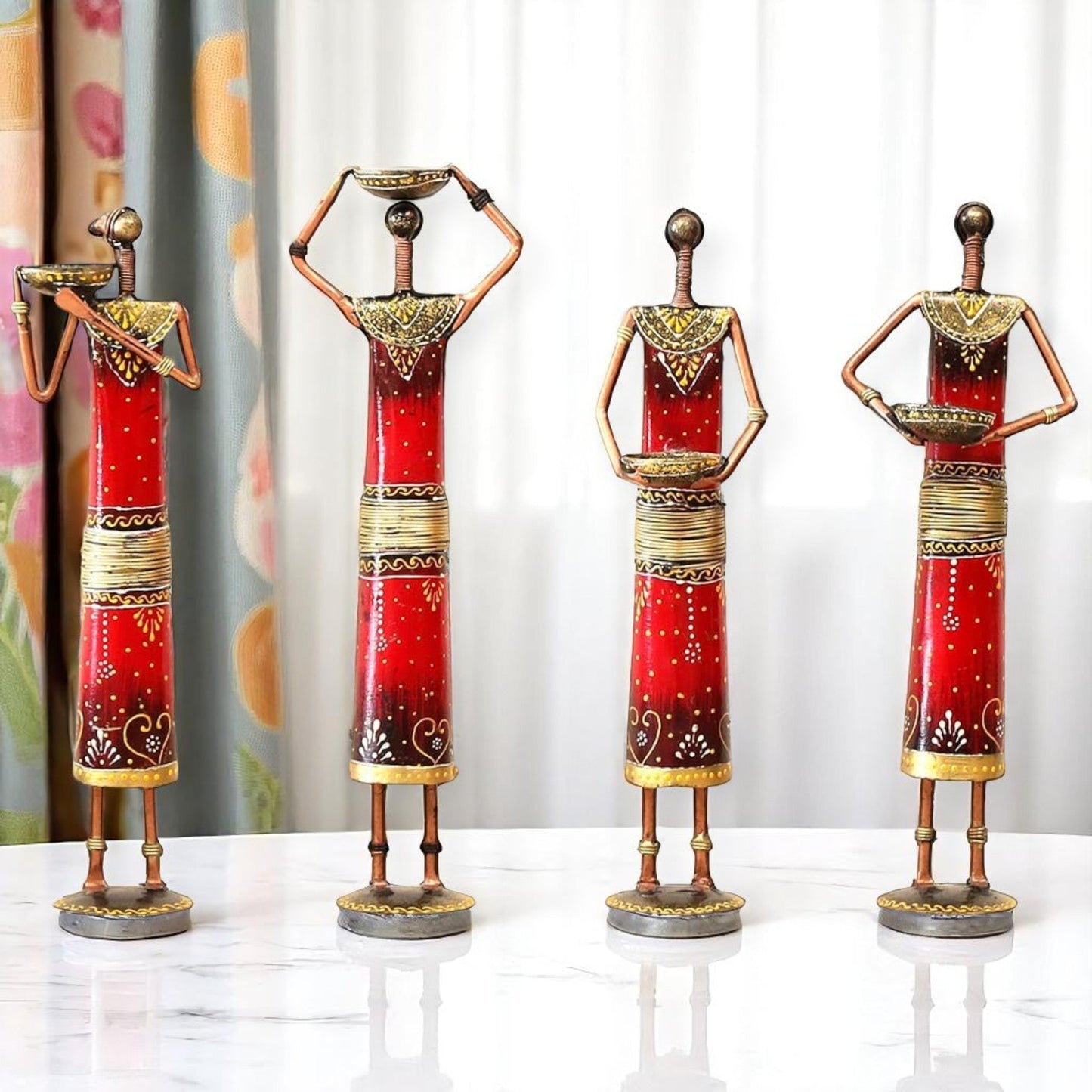 Iron Tribal Doll Tea Light Candle Holder Set of 4 Red
