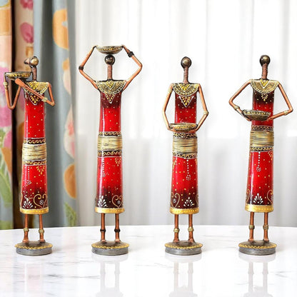 Iron Tribal Doll Tea Light Candle Holder Set of 4 Red