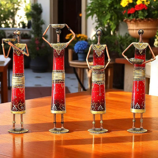 Iron Tribal Doll Tea Light Candle Holder Set of 4 Red