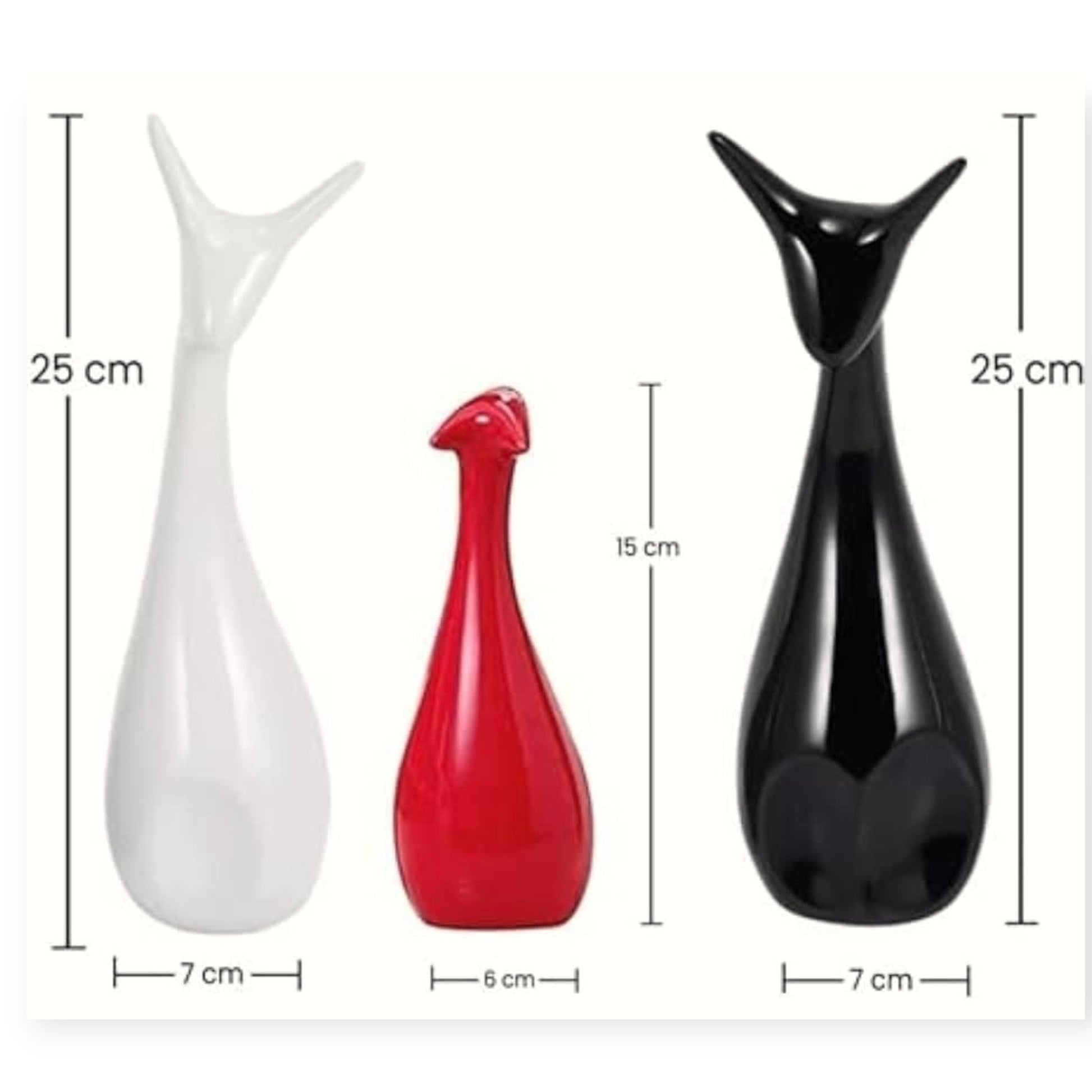 Three decorative vases in white, red, and black with measurements on a white background