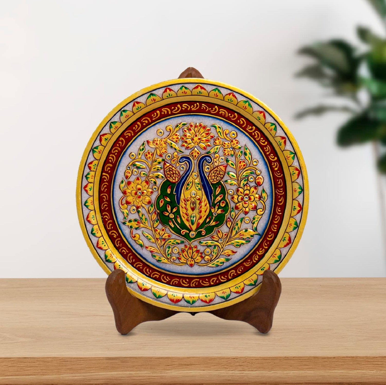 Marbel Round Peocock Plate With Wood Stand