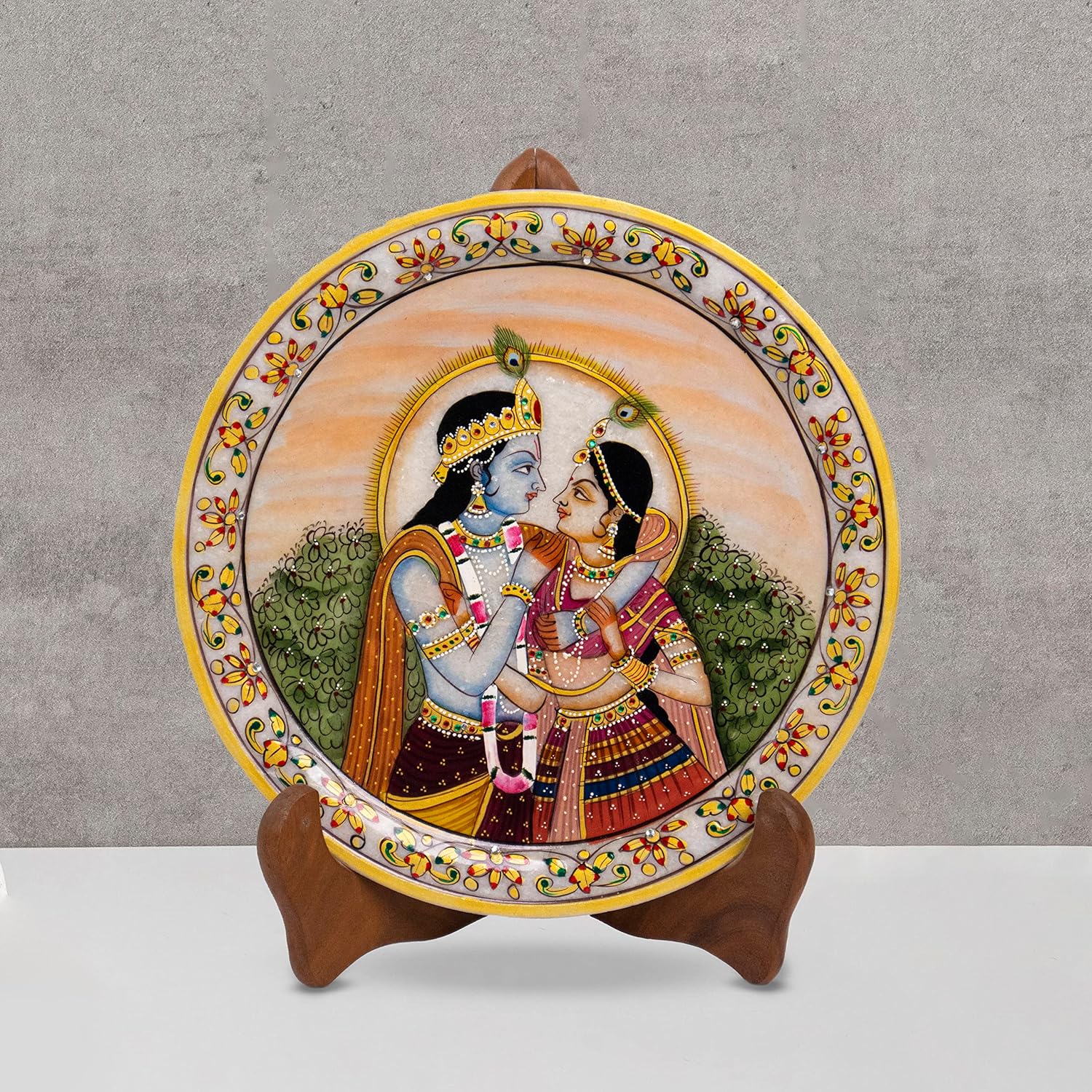 Marbel Round Radha Krishan Plate With Wood Stand