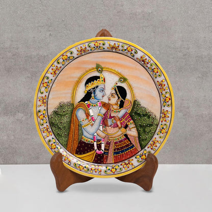 Marbel Round Radha Krishan Plate With Wood Stand