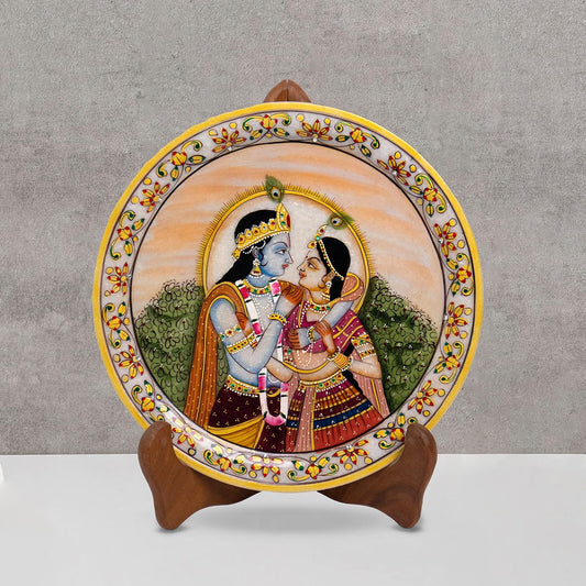 Marbel Round Radha Krishan Plate With Wood Stand