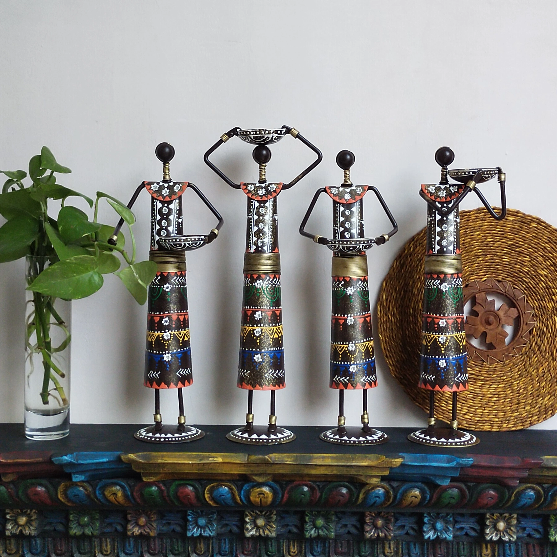 Iron Tribal Doll Tea Light Candle Holder Set of 4