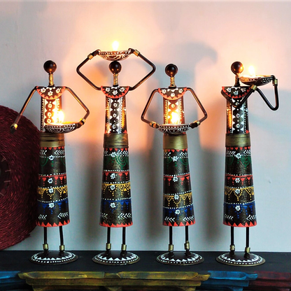 Iron Tribal Doll Tea Light Candle Holder Set of 4