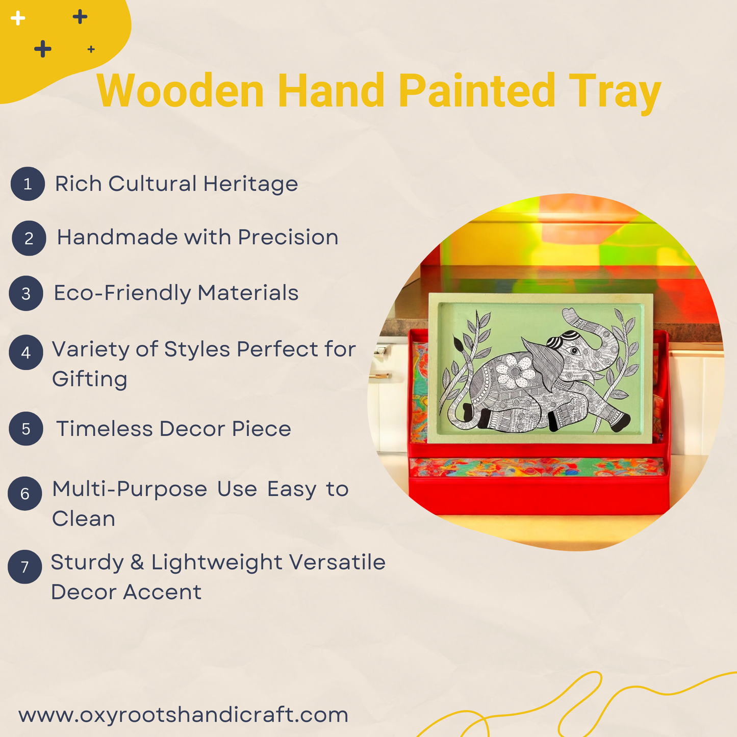 Wooden Hand Painted Serving Tray Elephant Design