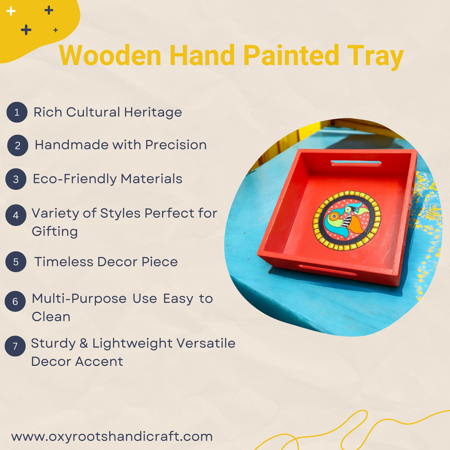 Wooden Hand Painted Serving Tray  - Bird Design